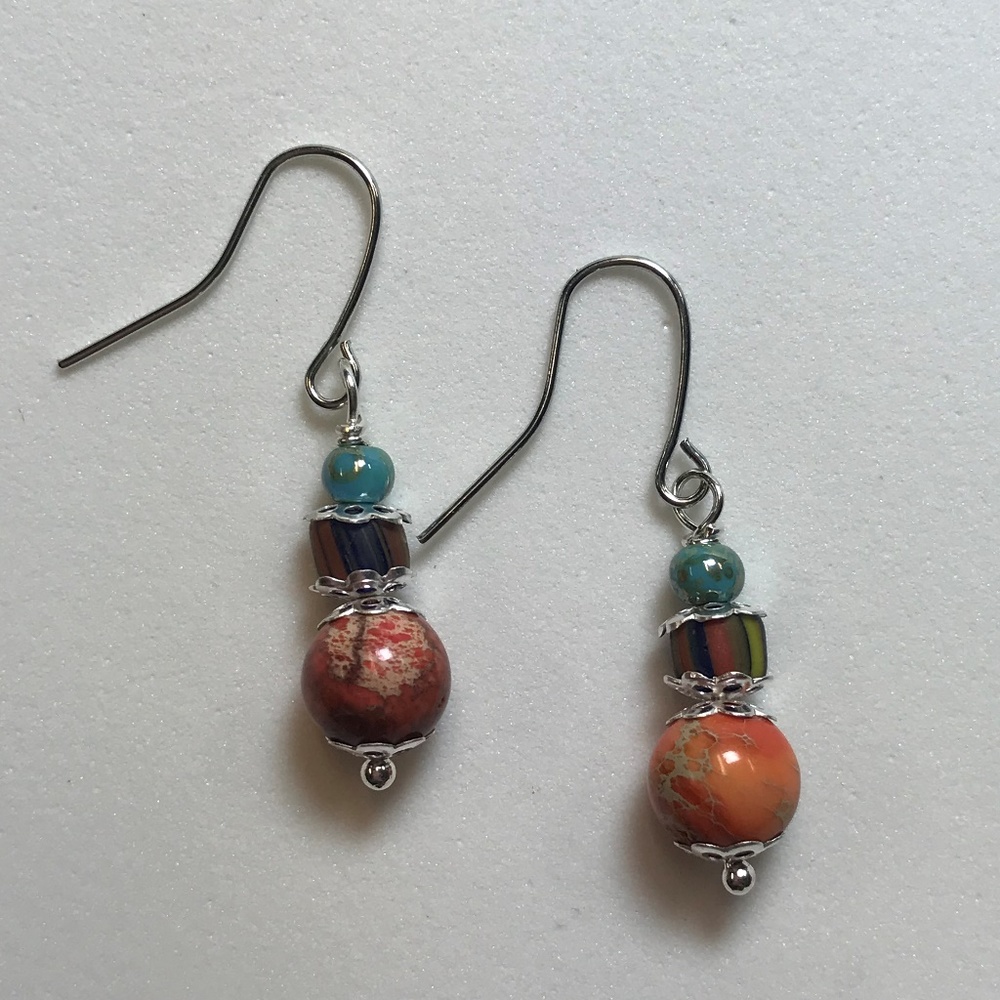 Orange and Turquoise Handmade Earrings 0001 - Picture 2 of 4